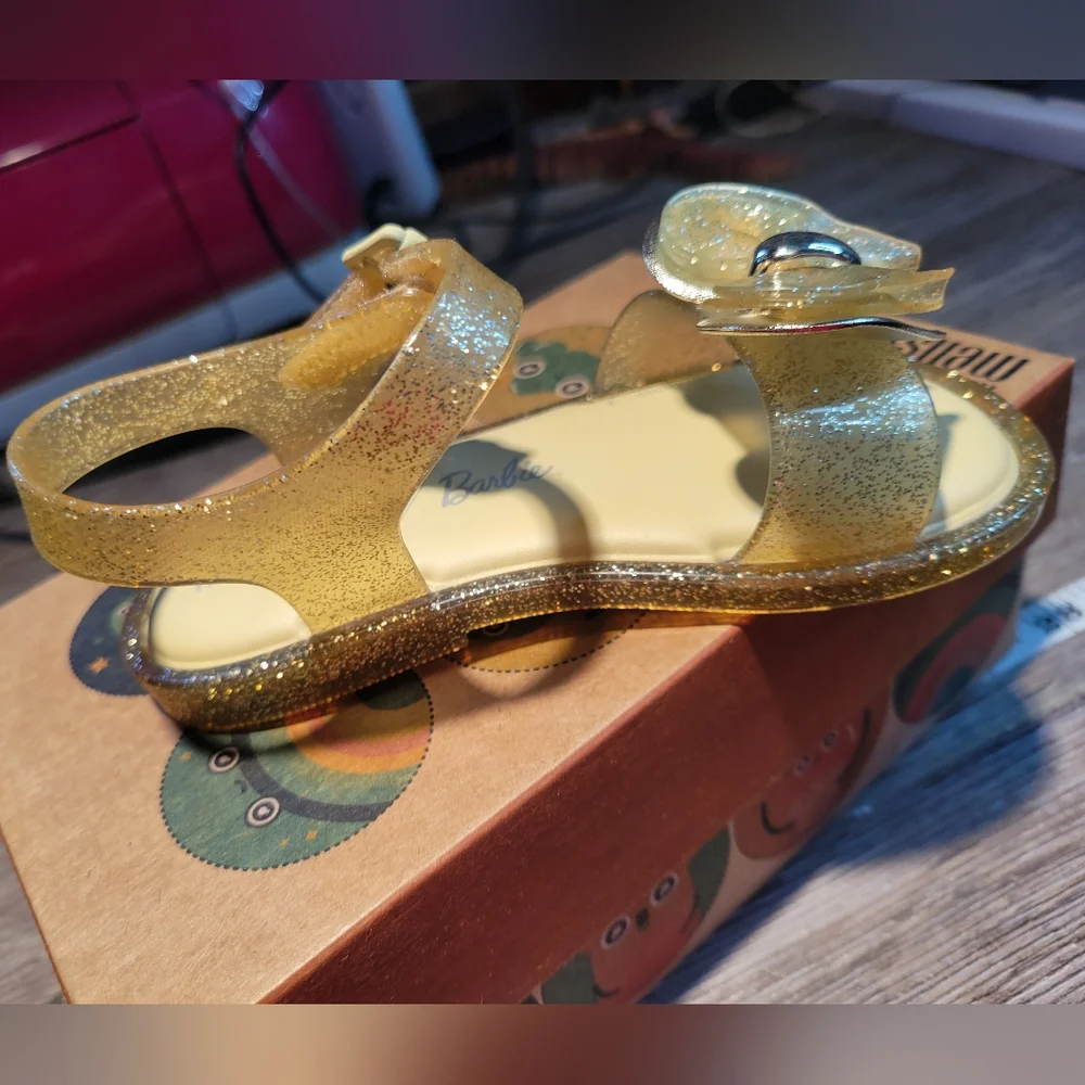 Mini Melissa X‎ Barbie NIB Gold Glitter Bow Sandal Size 9 Toddler